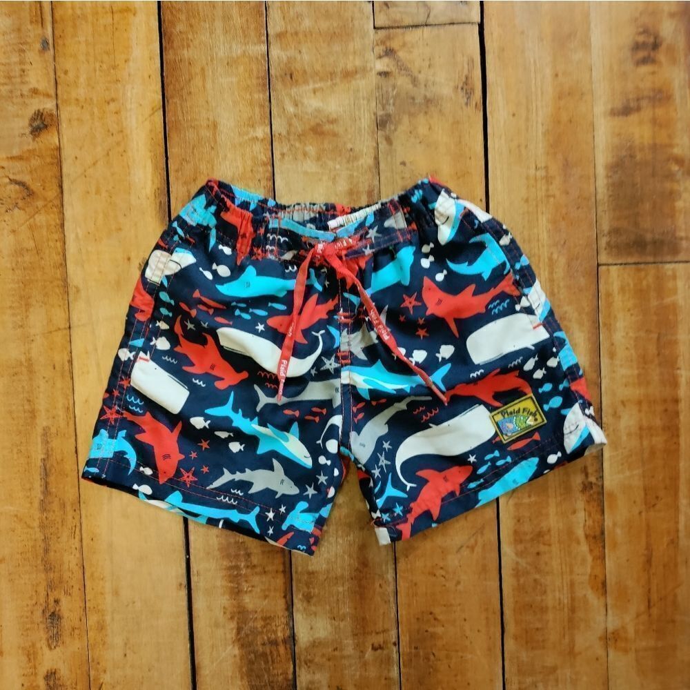 Plaid fish swim trunks boys size 24 mos sharks red white blue swimsuit summer
